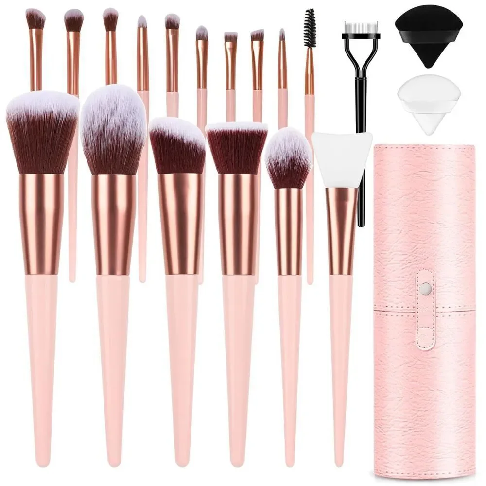 17PCs Pink Makeup Medium Brushes Kit With Organizer Travel Case